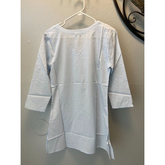Modaposa Beach Tunic Top w/ Cowrie Shells | Light Blue Cotton Summer Cover Up - Picture 7 of 8